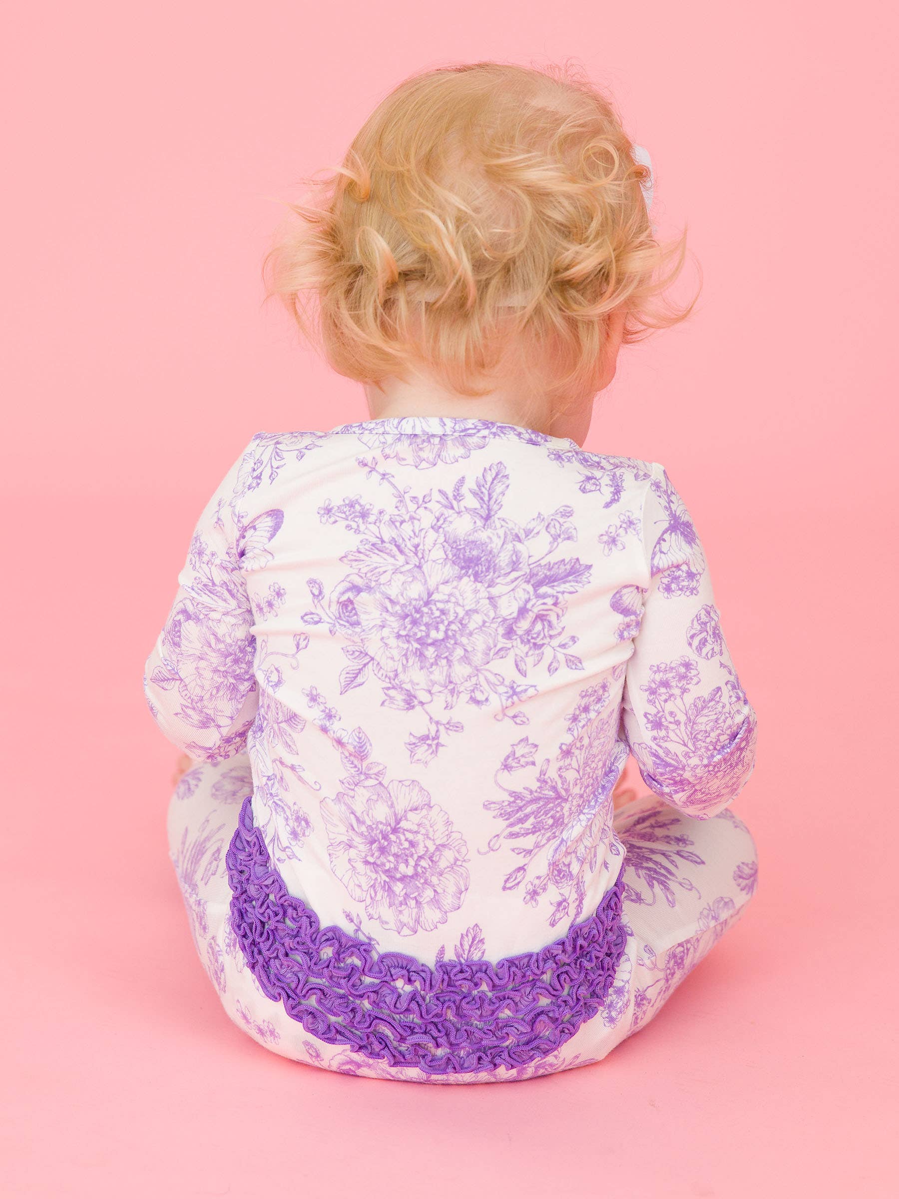 SoftSnooze™ Baby Girls Bamboo Viscose Wisteria Purple Butterfly Garden Toile Convertible Ruffle One Piece Footie Pajama