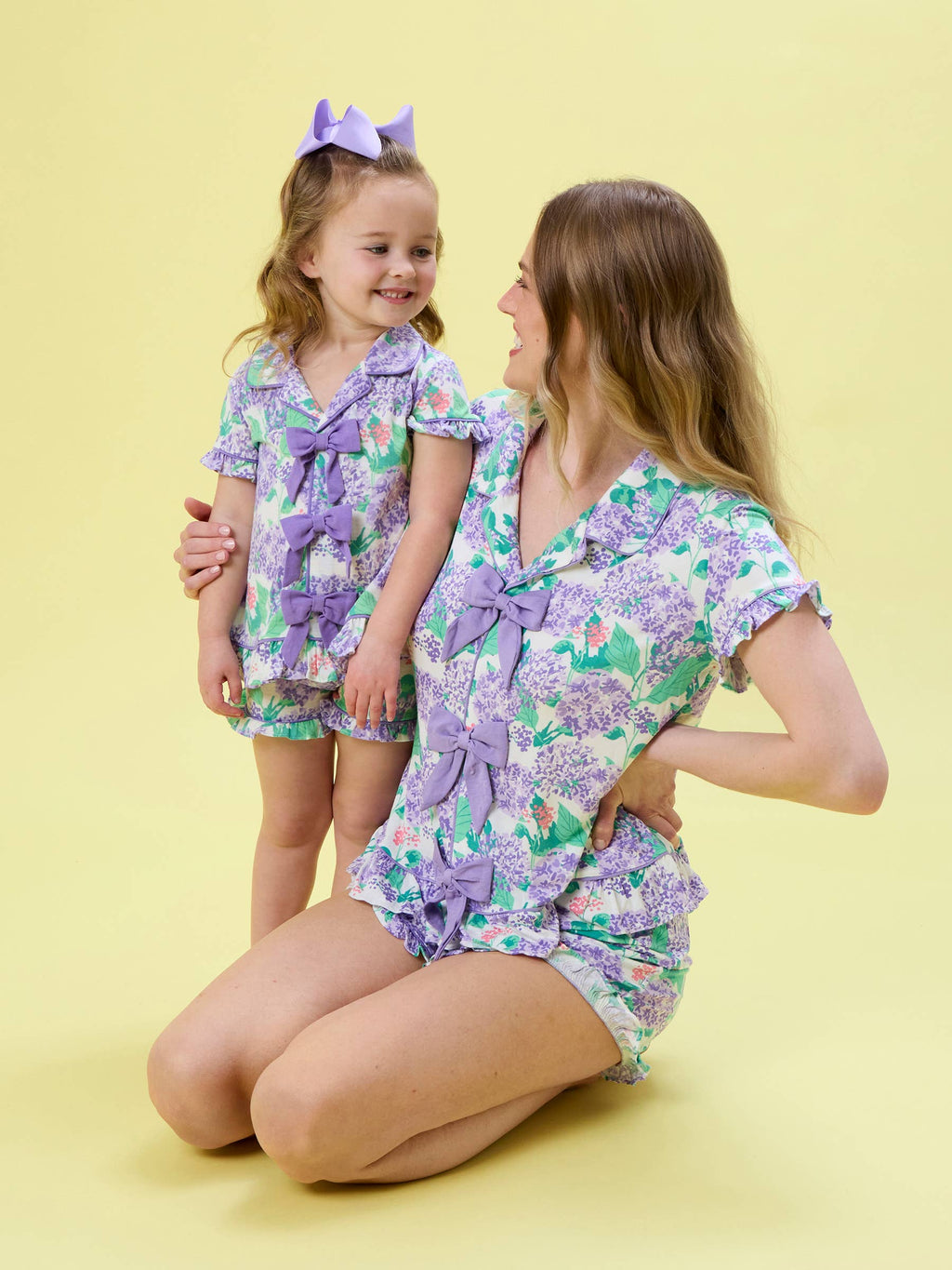 SoftSnooze™ Girls Purple Hydrangea Garden Short Sleeve Bow Ruffle Pajama Set