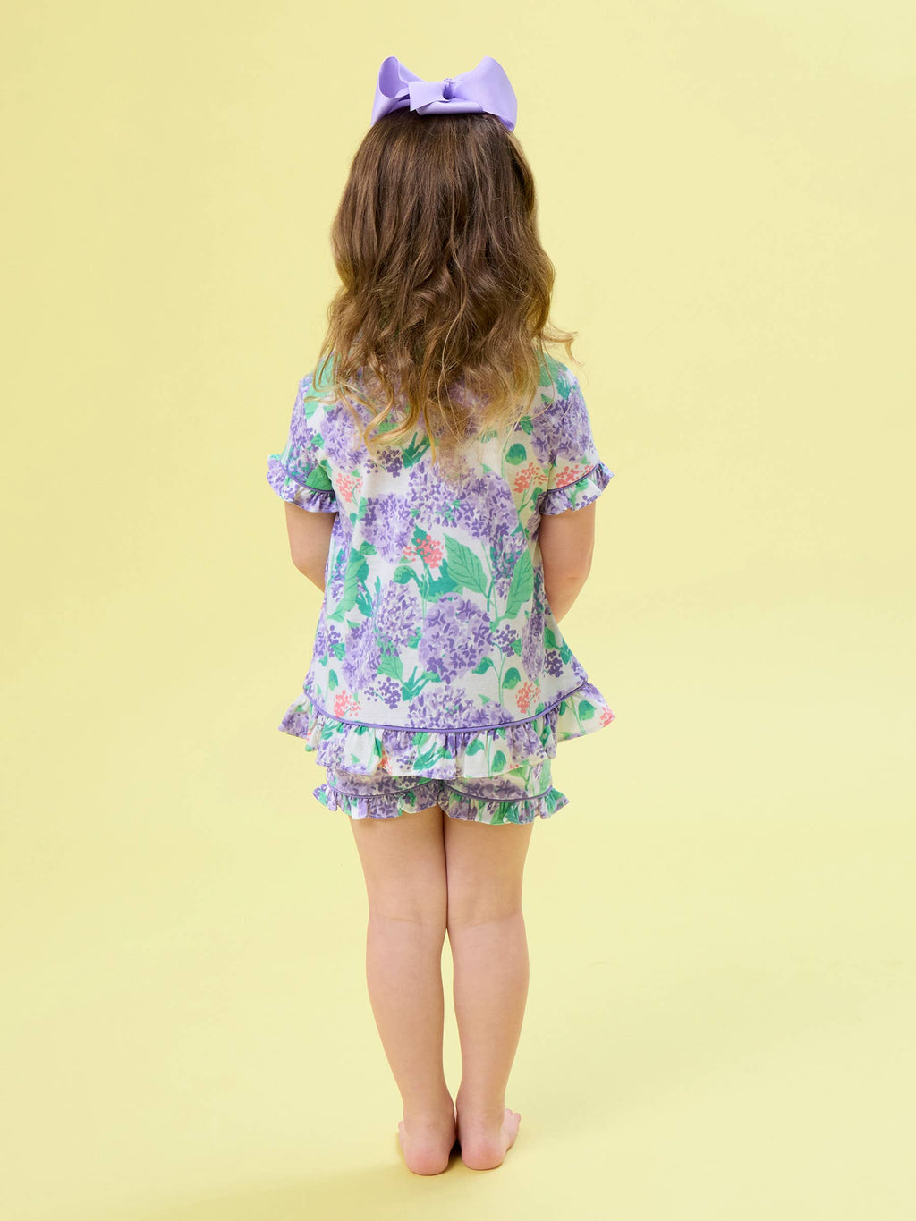 SoftSnooze™ Girls Purple Hydrangea Garden Short Sleeve Bow Ruffle Pajama Set