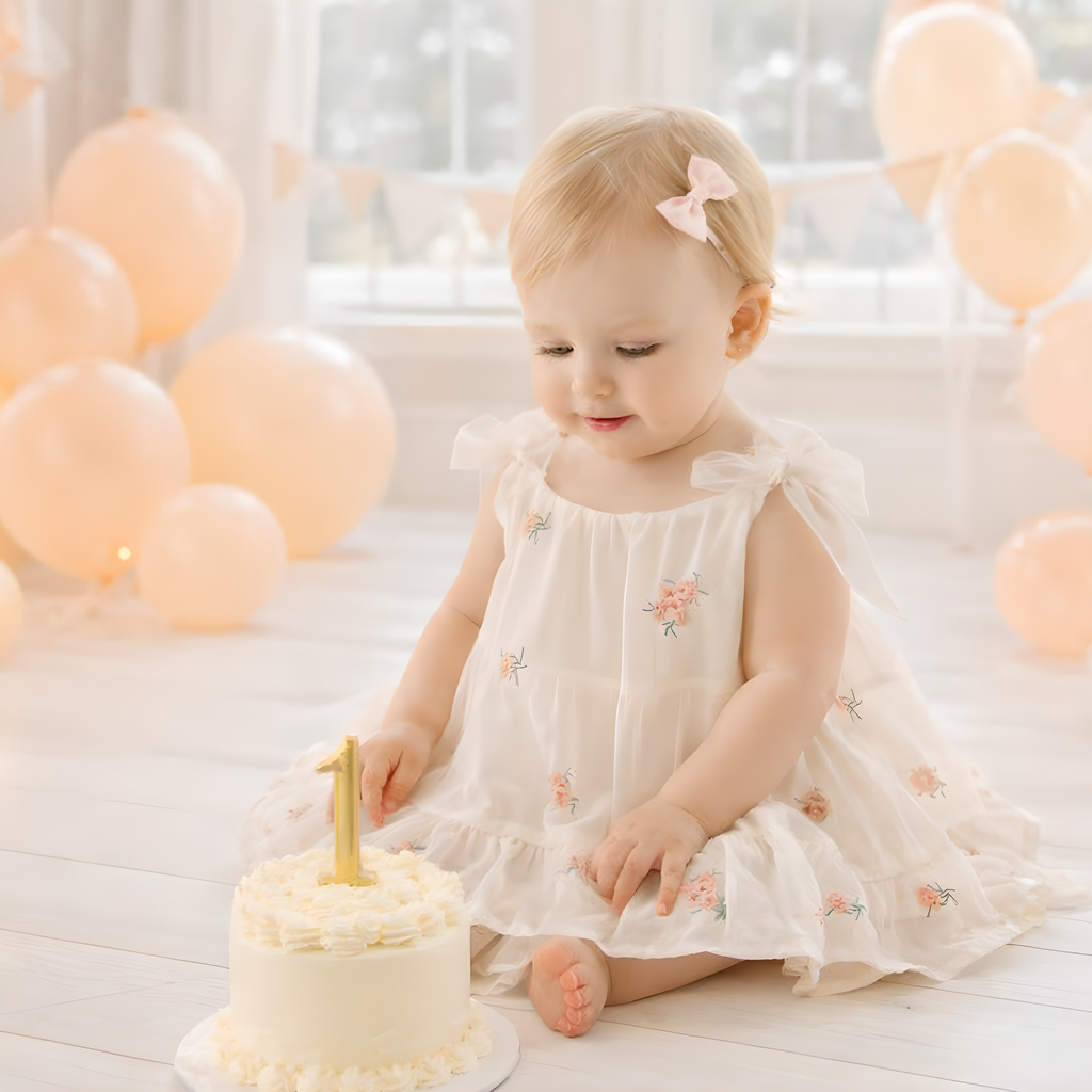 Baby Girls Birthday Ivory Dress with Peach Embroider Flowers