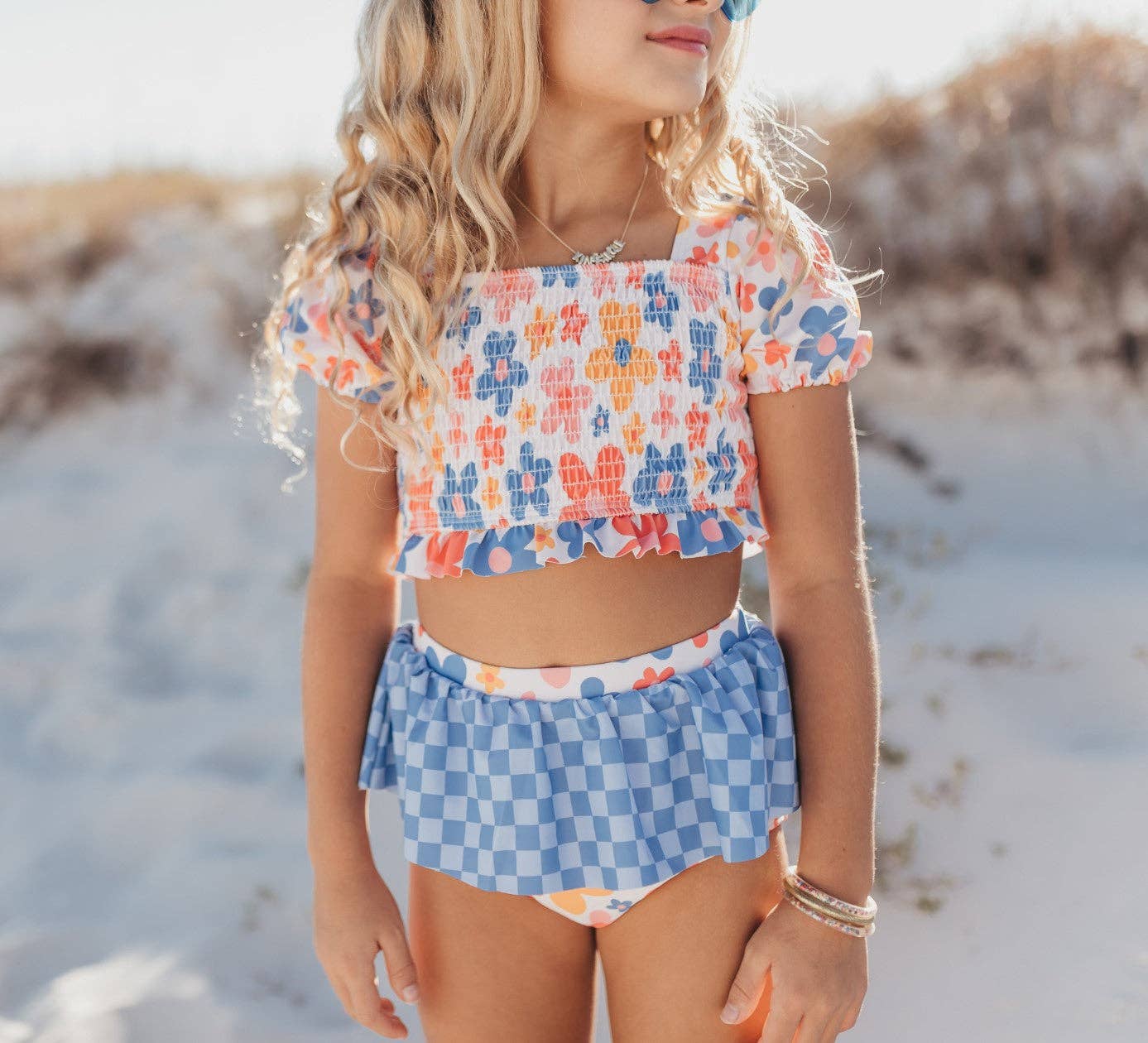 Girls Retro Checkered Flower Power 2 Piece Skirted Swimsuit