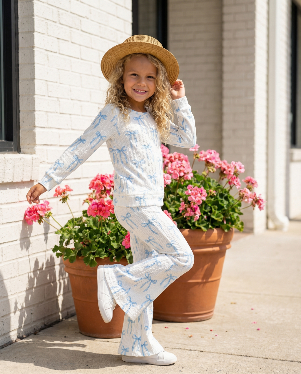 Girls Coquette Blue Bow Cable Knit Flare bottom Set