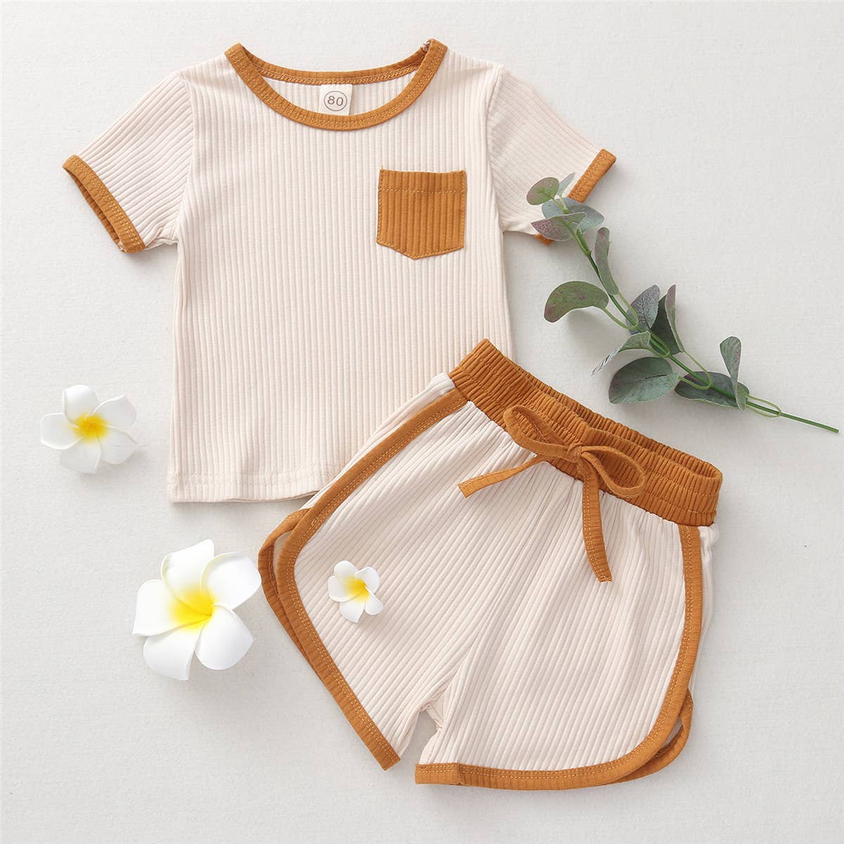 Contrast Binding Top & Shorts 2pcs Little Kid Outfit