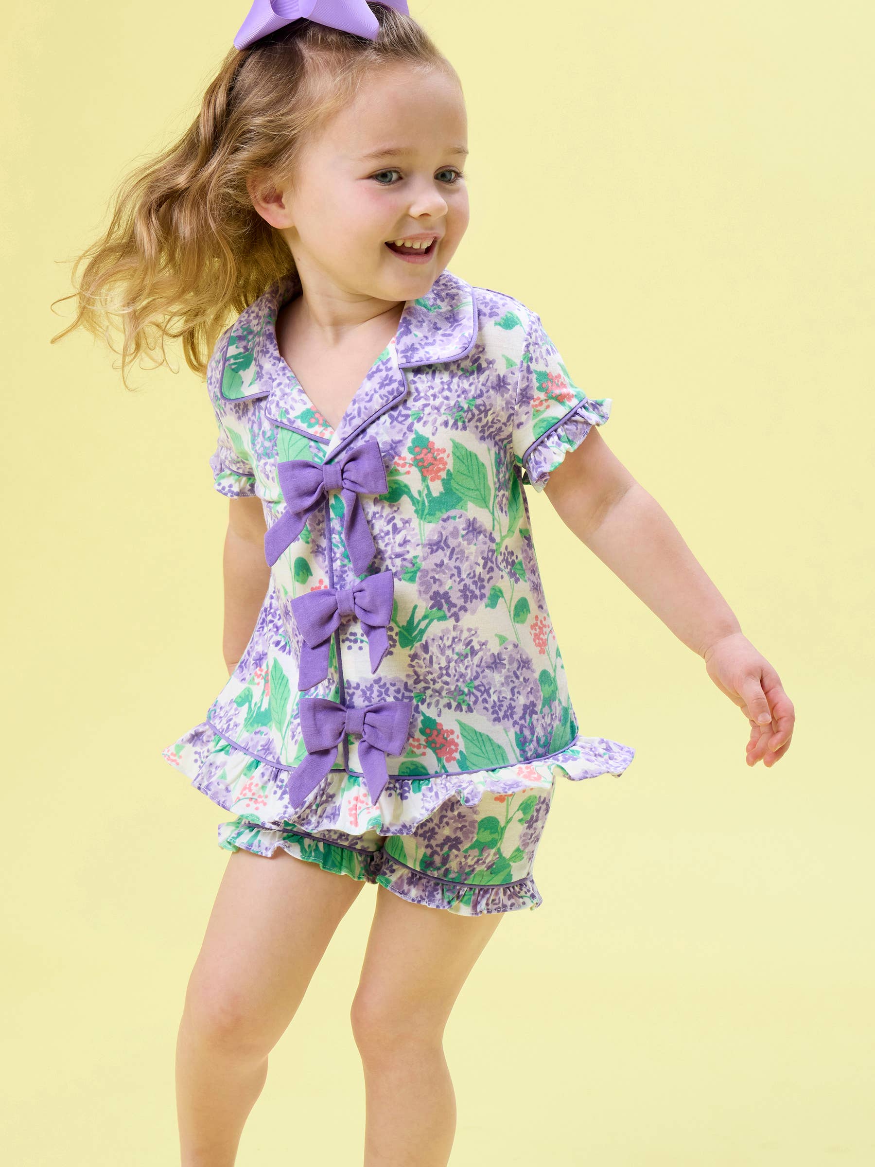 SoftSnooze™ Girls Purple Hydrangea Garden Short Sleeve Bow Ruffle Pajama Set