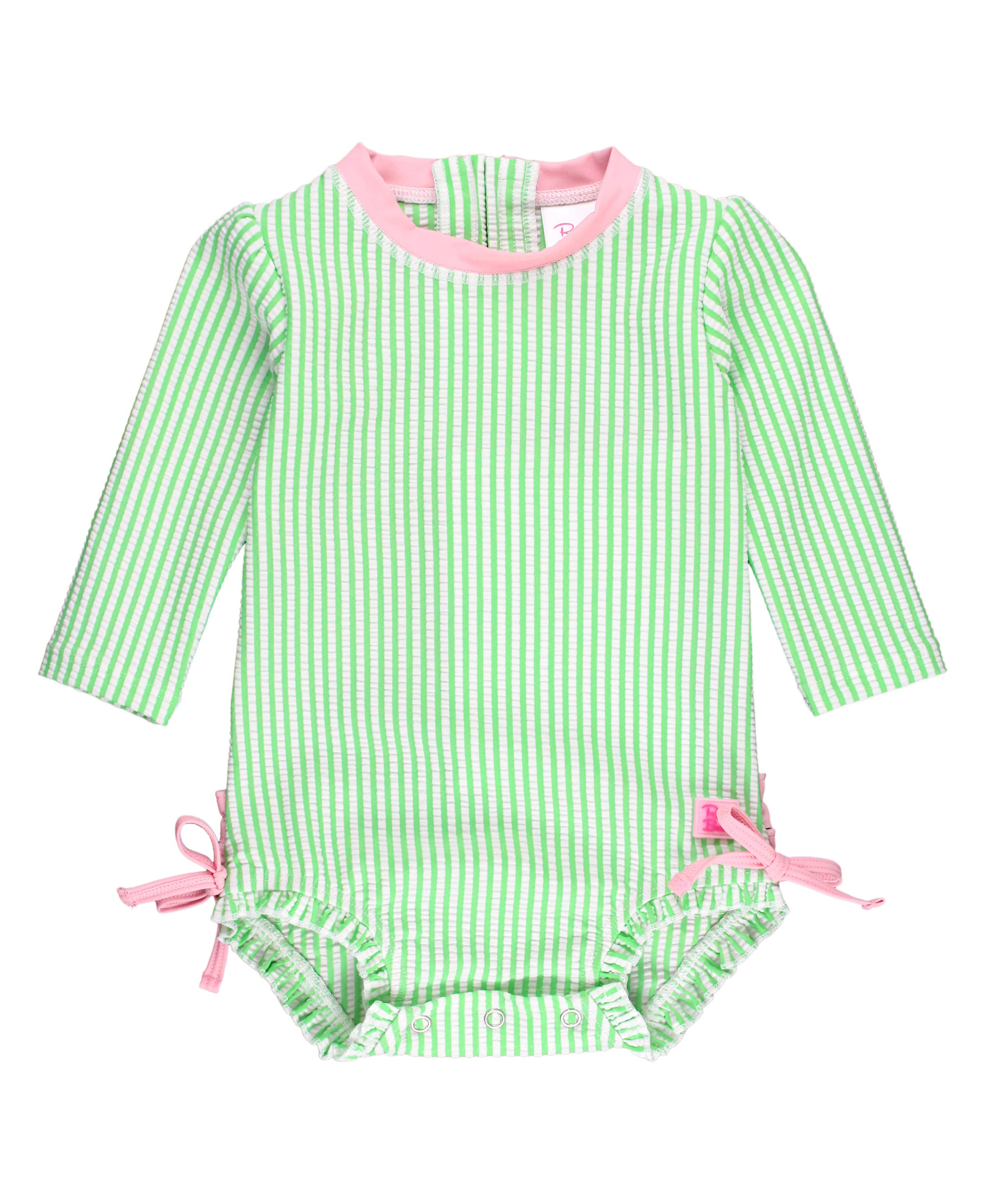 Baby Girls Spring Green Seersucker Long Sleeve One Piece Rash Guard Swimsuit with Signature Rear Ruffles