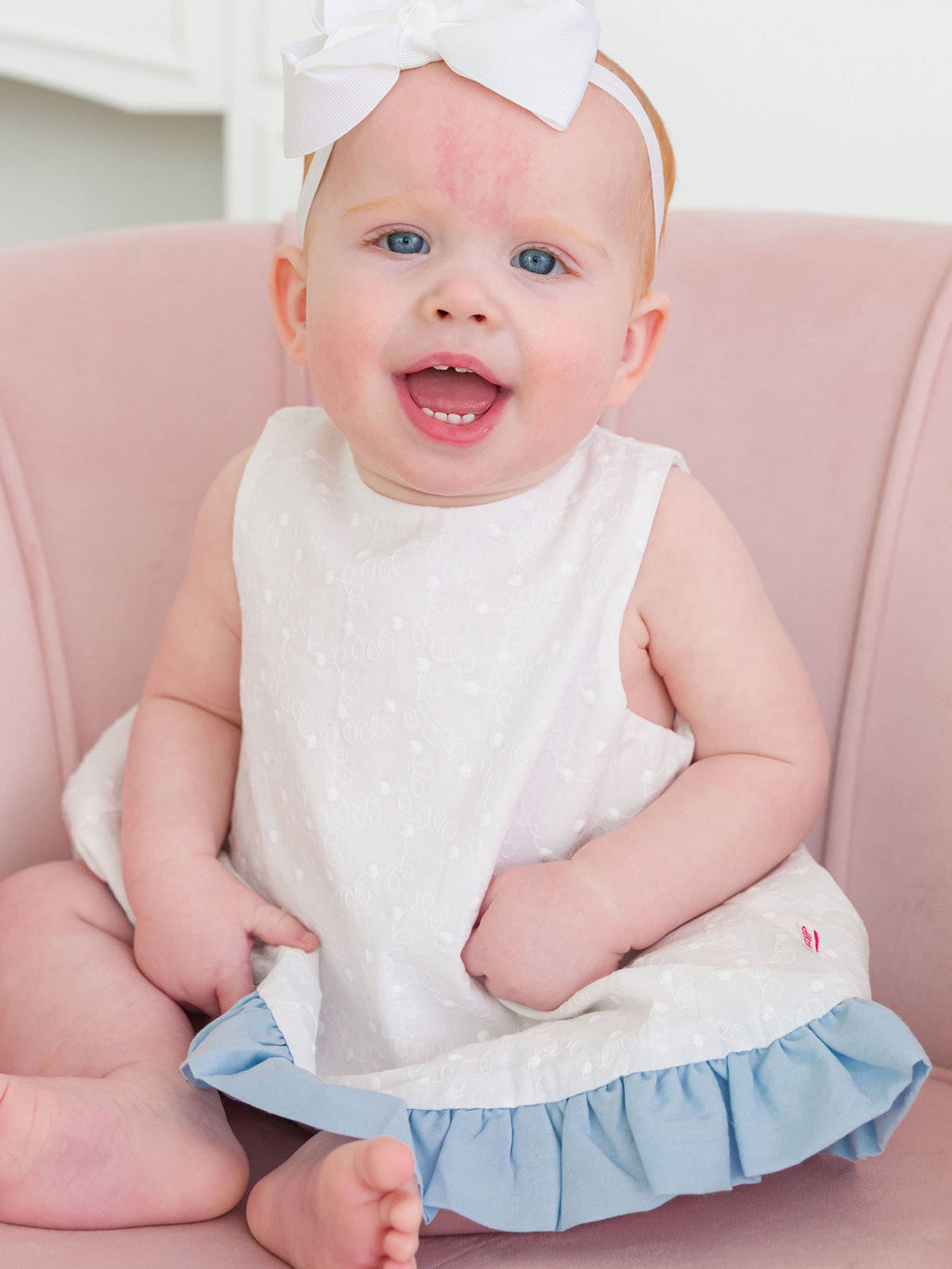 Baby Girls White & Light Blue Swiss Dot Swing Top & Ruffle Bloomer Set
