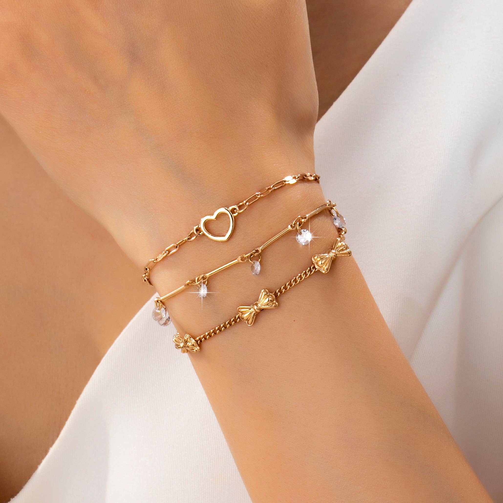 Crystal Drop Heart Bow Charm Multilayer Bracelet | 80B1594