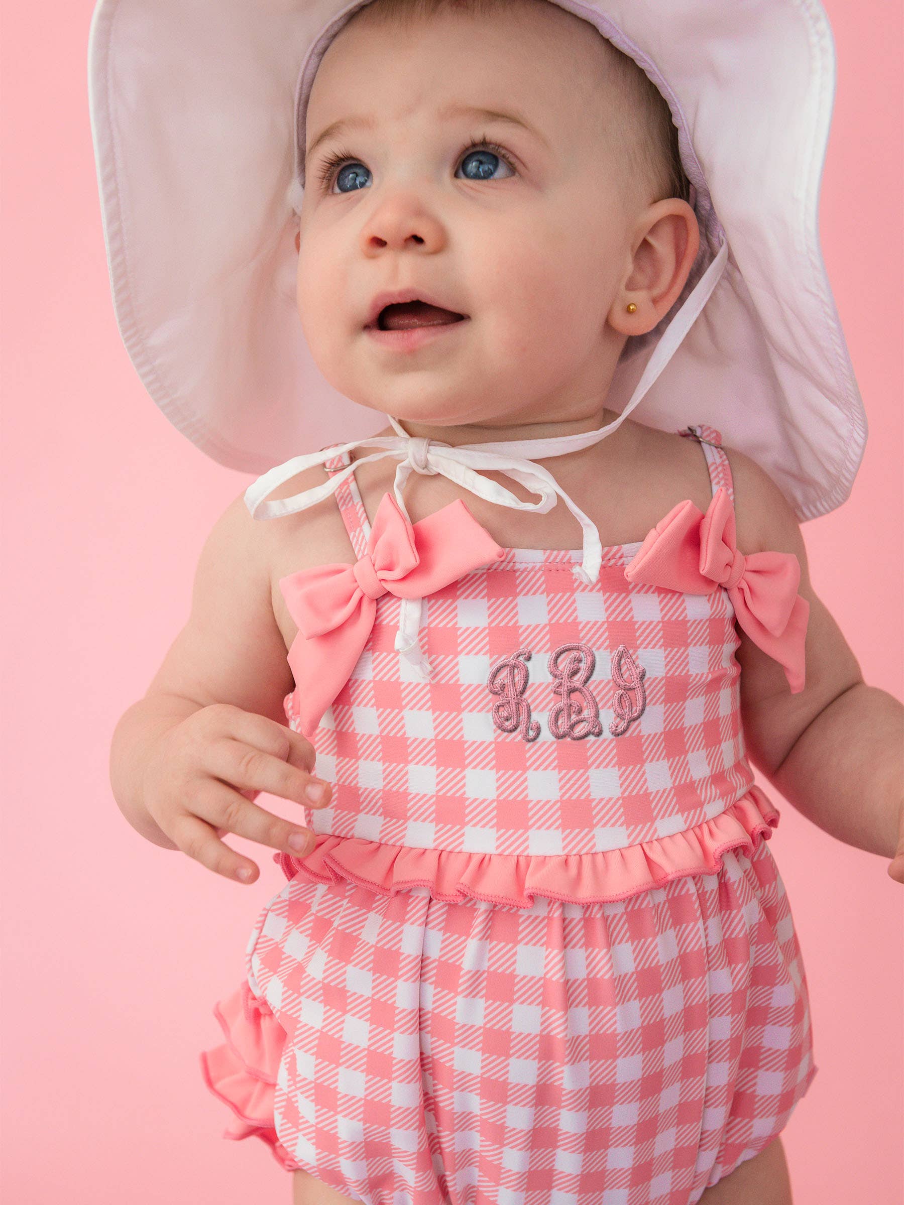 Baby Girls Bubblegum Gingham One Piece Bow Bubble Romper Swimsuit with Signature Rear Ruffles