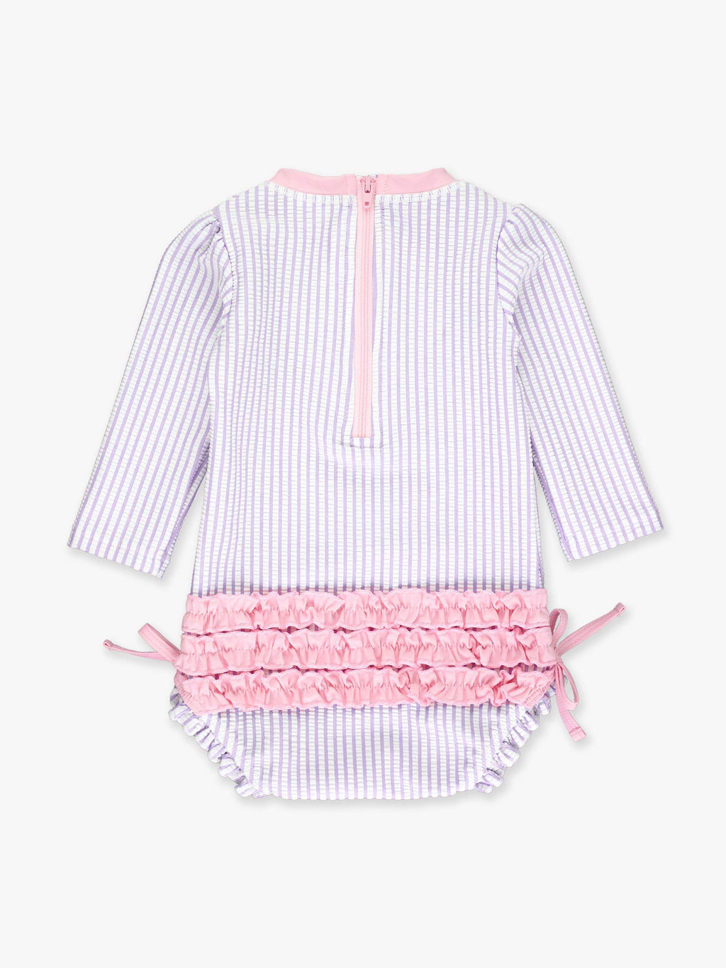 Baby Girls Lavender Seersucker Long Sleeve One Piece Rash Guard Swimsuit with Signature Rear Ruffles
