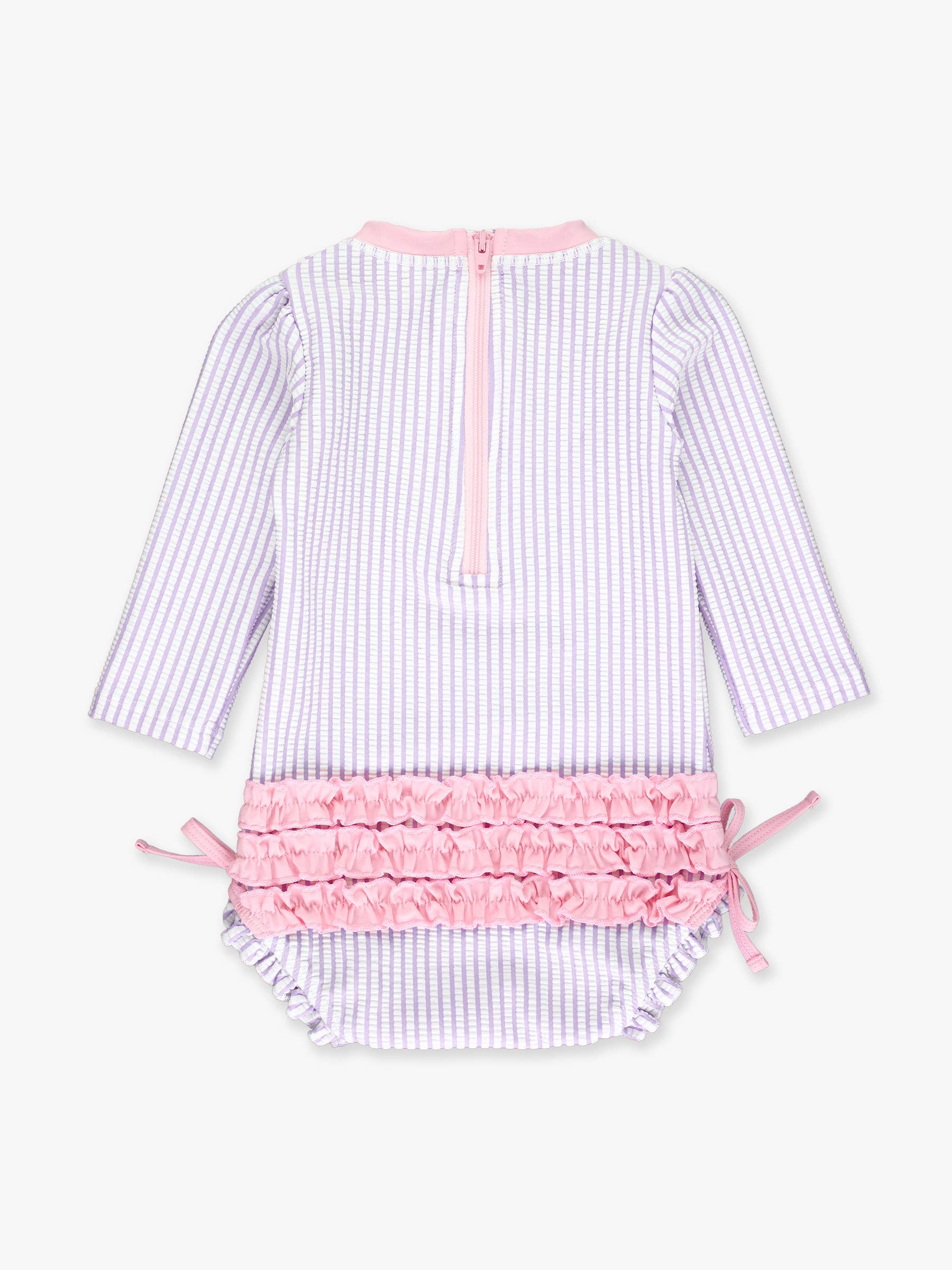 Baby Girls Lavender Seersucker Long Sleeve One Piece Rash Guard Swimsuit with Signature Rear Ruffles