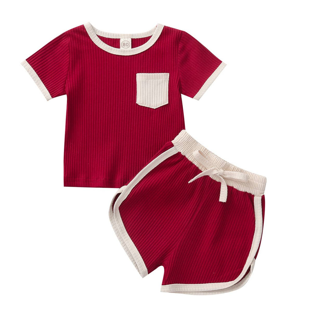 Contrast Binding Top & Shorts 2pcs Little Kid Outfit