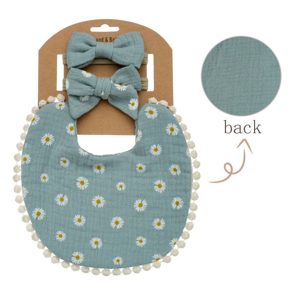 Baby Floral cotton Waterproofer Bib and Bows headband Sets