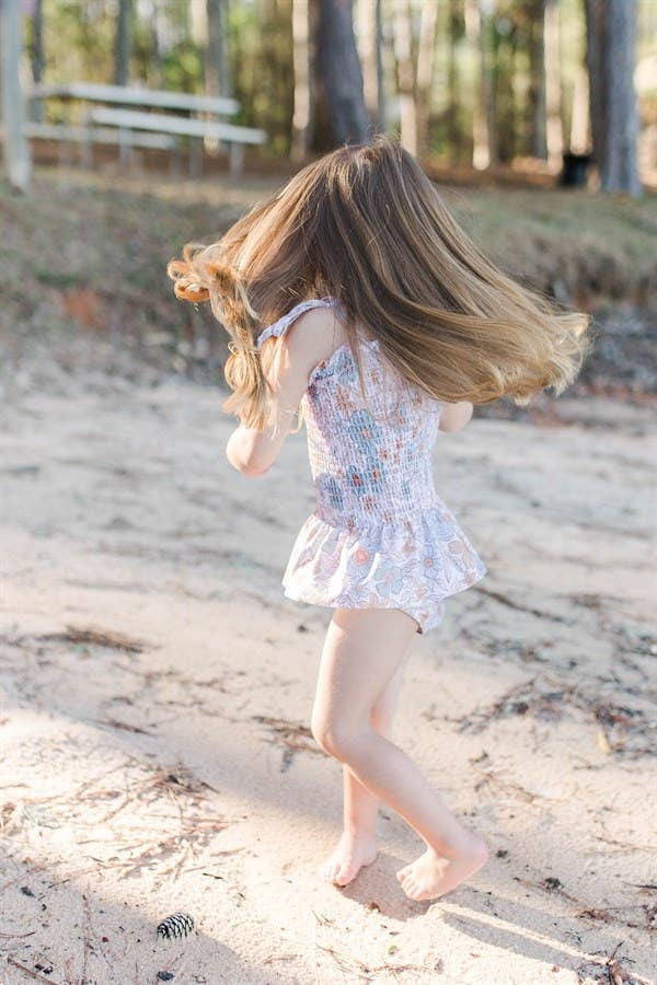 Girl  Swimsuits - Blue & Tan Floral - 1Pc