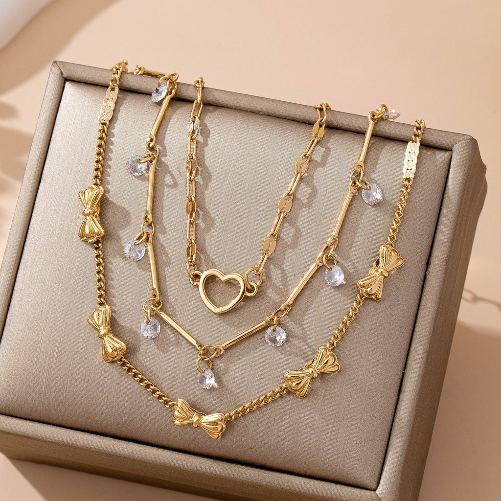 Crystal Drop Heart Bow Charm Multilayer Bracelet | 80B1594