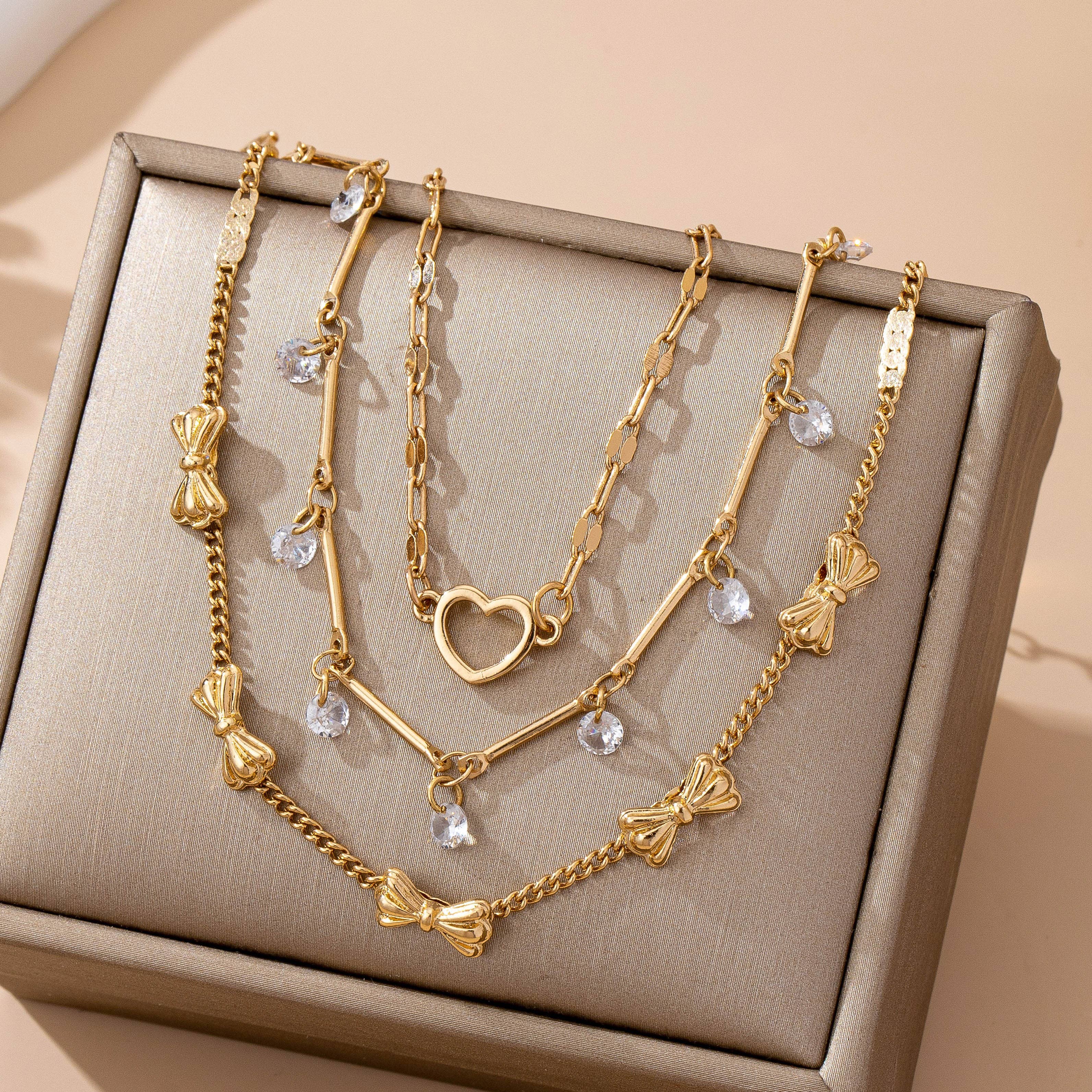 Crystal Drop Heart Bow Charm Multilayer Bracelet | 80B1594