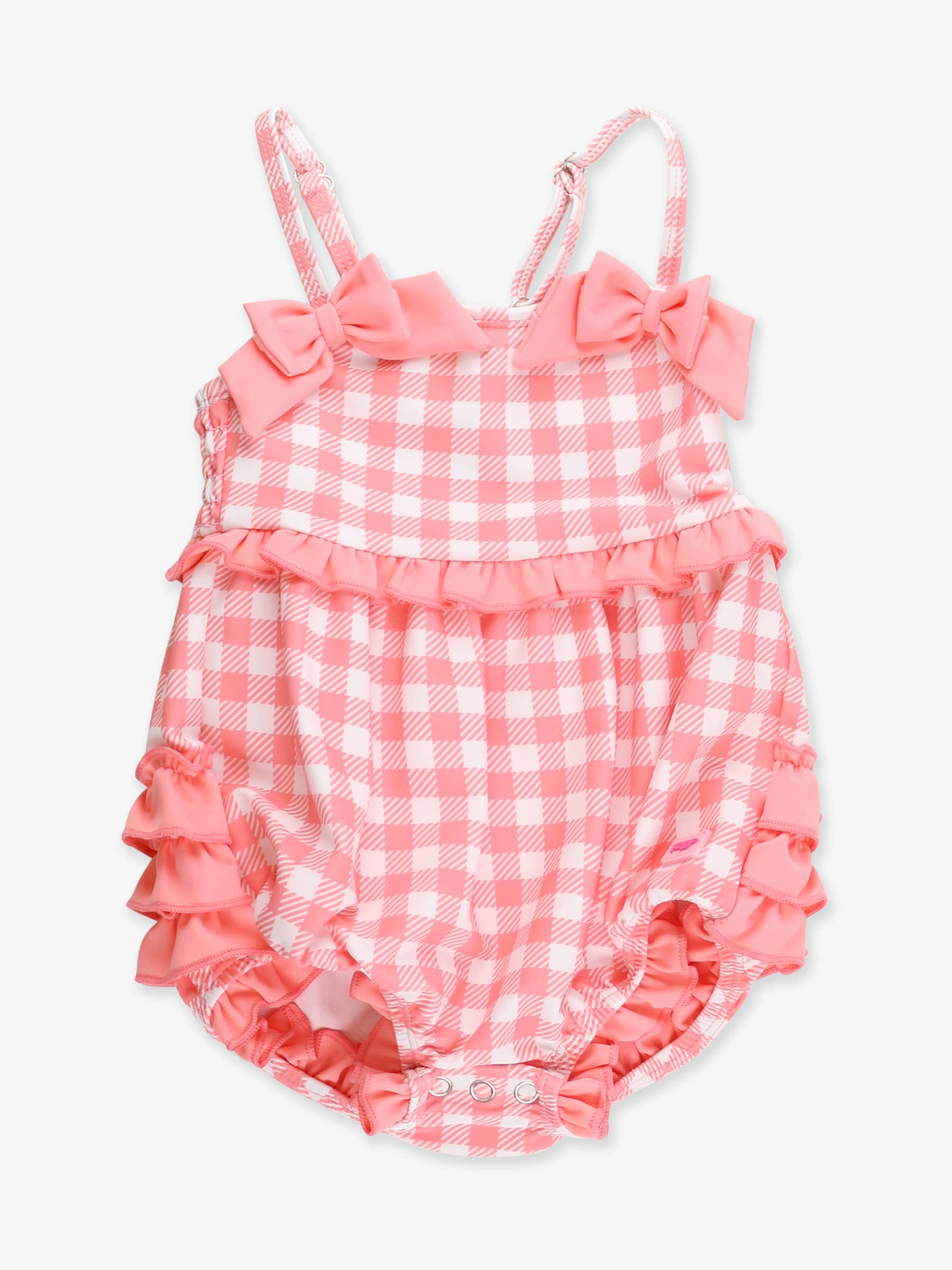 Baby Girls Bubblegum Gingham One Piece Bow Bubble Romper Swimsuit with Signature Rear Ruffles