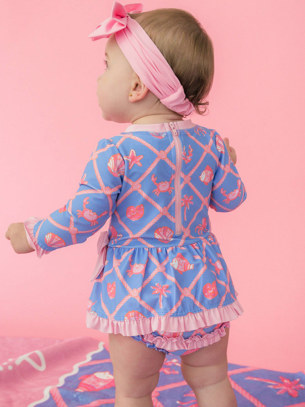 Baby Girls Tropical Trellis Long Sleeve One Piece Bow Peplum Rash Guard Swimsuit with Signature Rear Ruffles