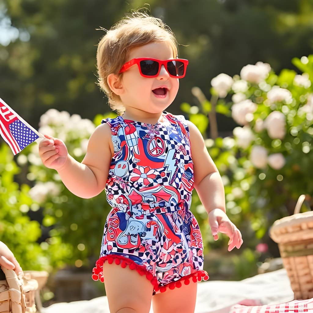 Baby Girls July 4th Groovy Pom Romper