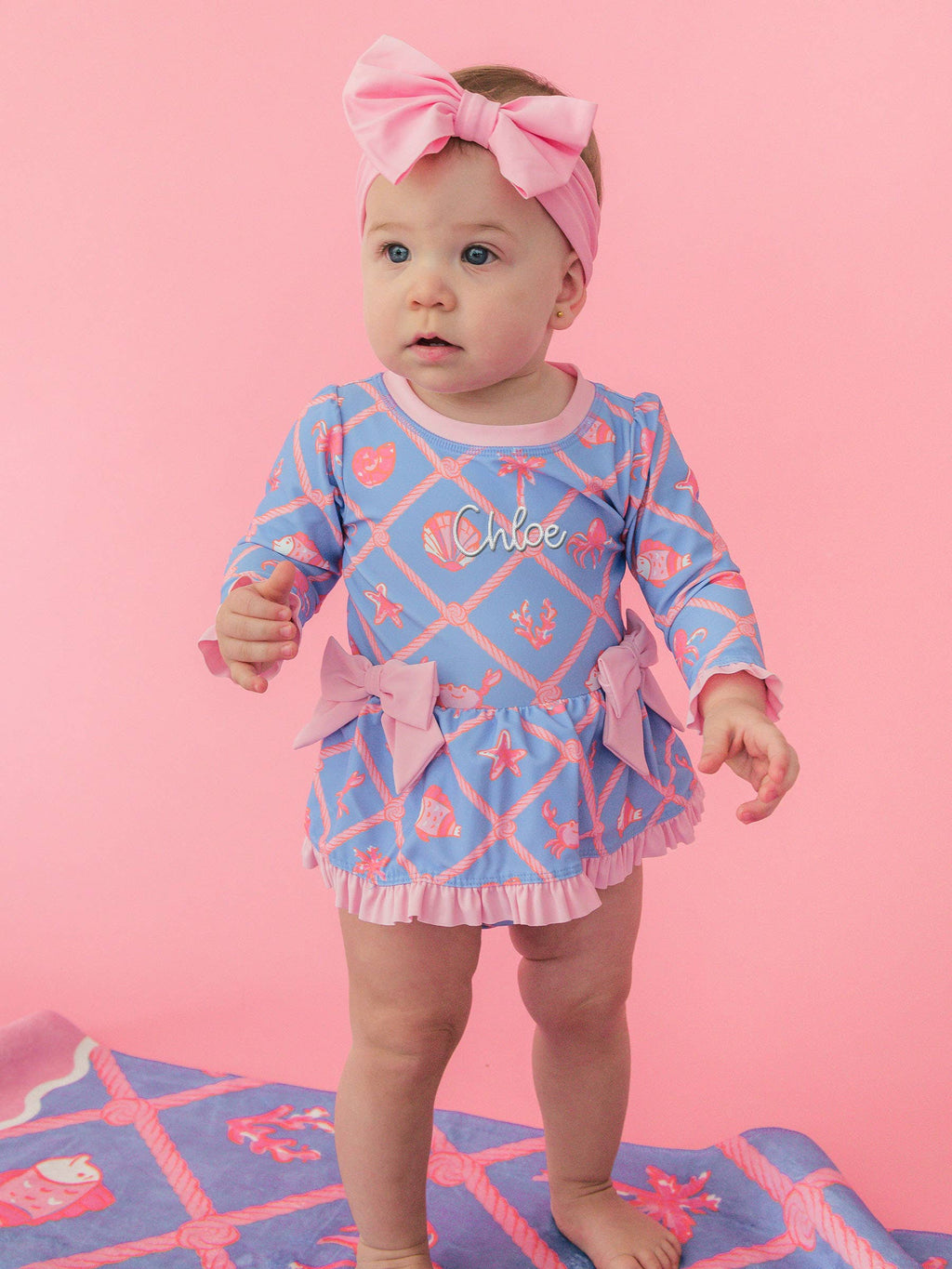Baby Girls Tropical Trellis Long Sleeve One Piece Bow Peplum Rash Guard Swimsuit with Signature Rear Ruffles