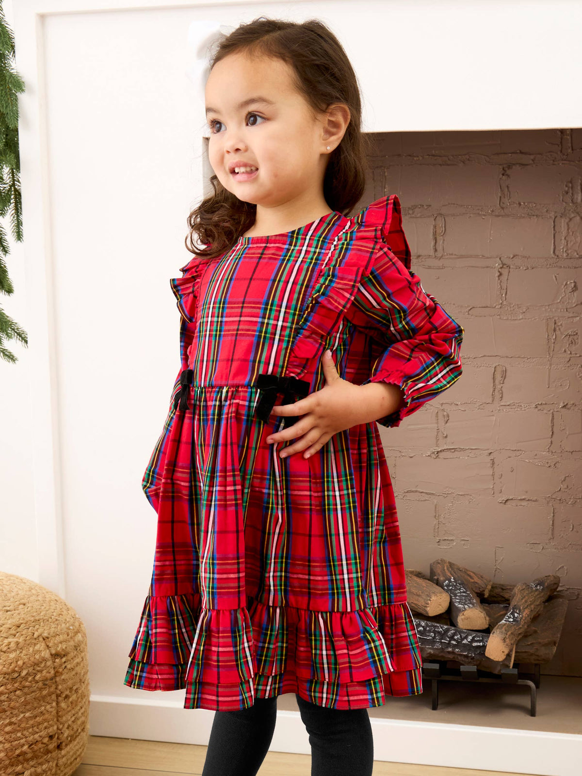 Girls Red Nicholas Plaid Woven Long Sleeve Waterfall Bow Dress