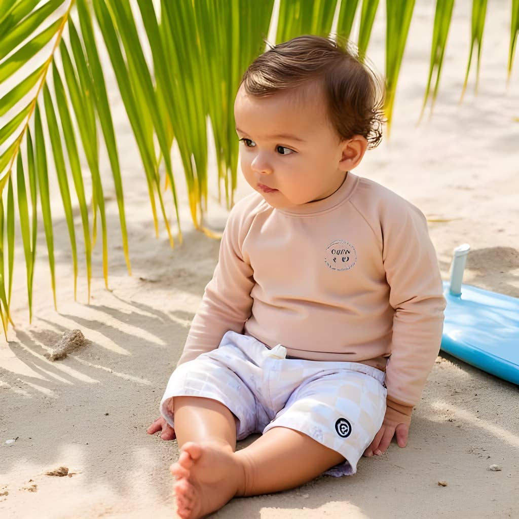 Boys Swim Trunks Swimsuit - Tan Check Palm Trees
