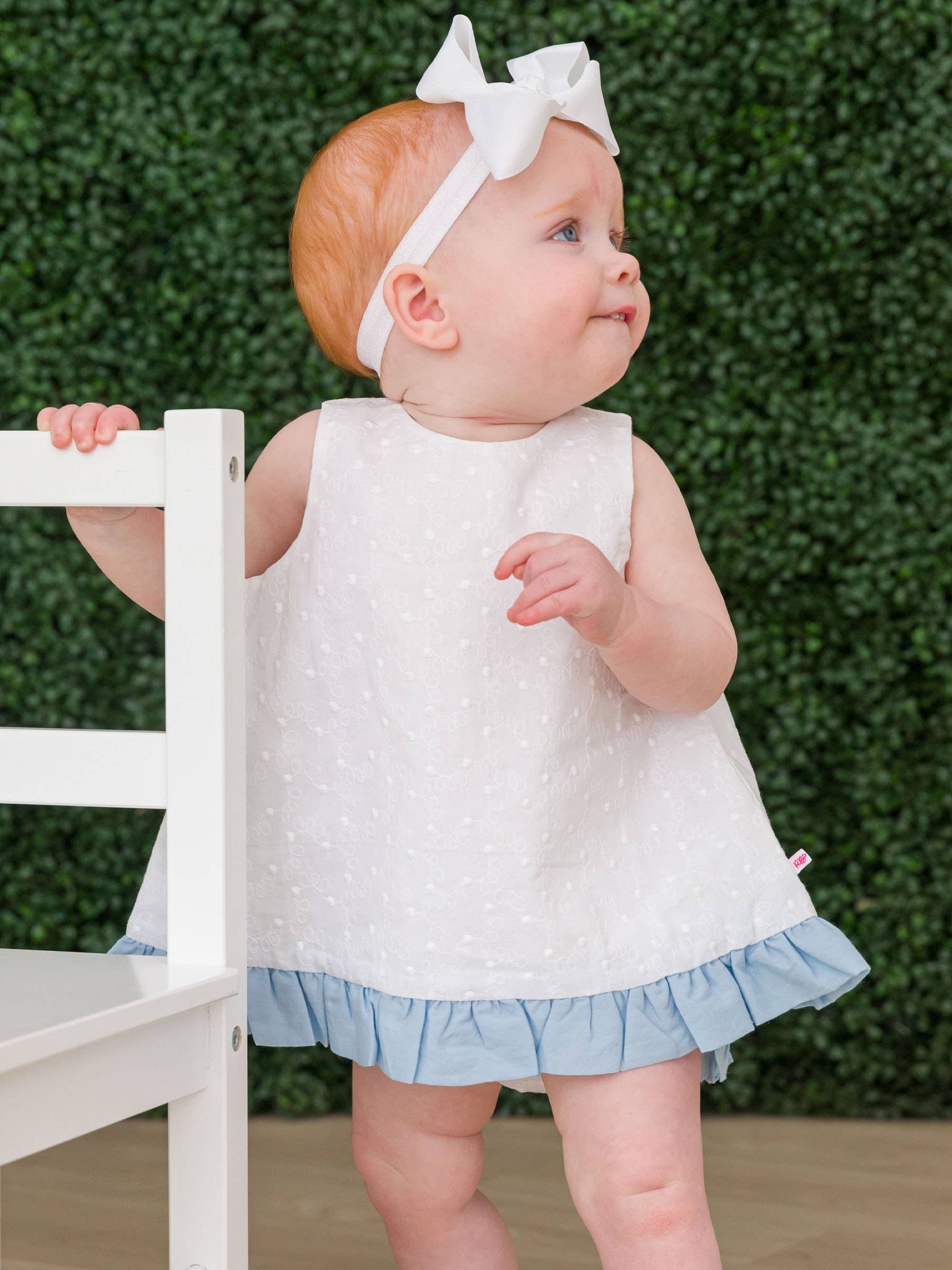 Baby Girls White & Light Blue Swiss Dot Swing Top & Ruffle Bloomer Set