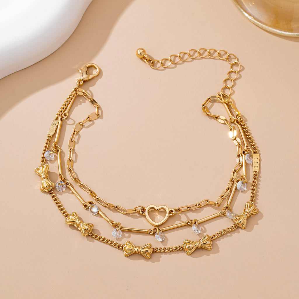 Crystal Drop Heart Bow Charm Multilayer Bracelet | 80B1594