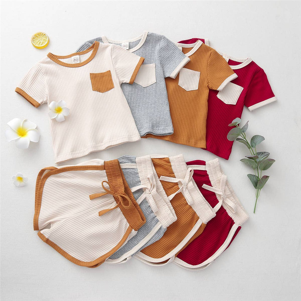Contrast Binding Top & Shorts 2pcs Little Kid Outfit