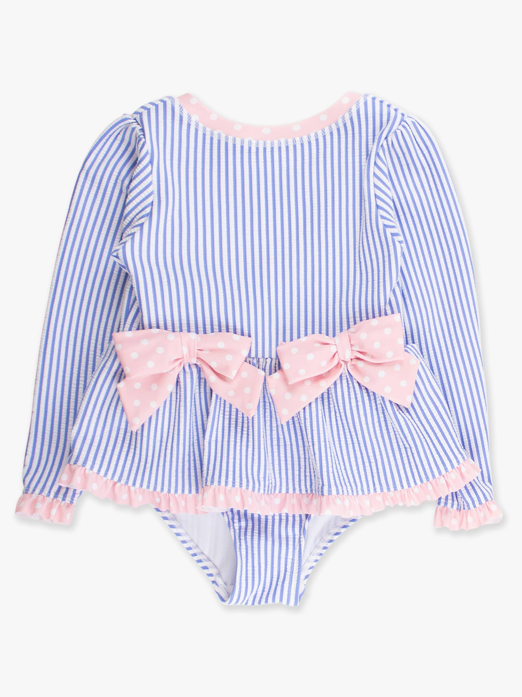 Girls Periwinkle Blue Seersucker Long Sleeve One Piece Bow Peplum Rash Guard Swimsuit
