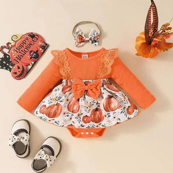 Orange Fall Pumpkin Baby Romper Dress & Headband