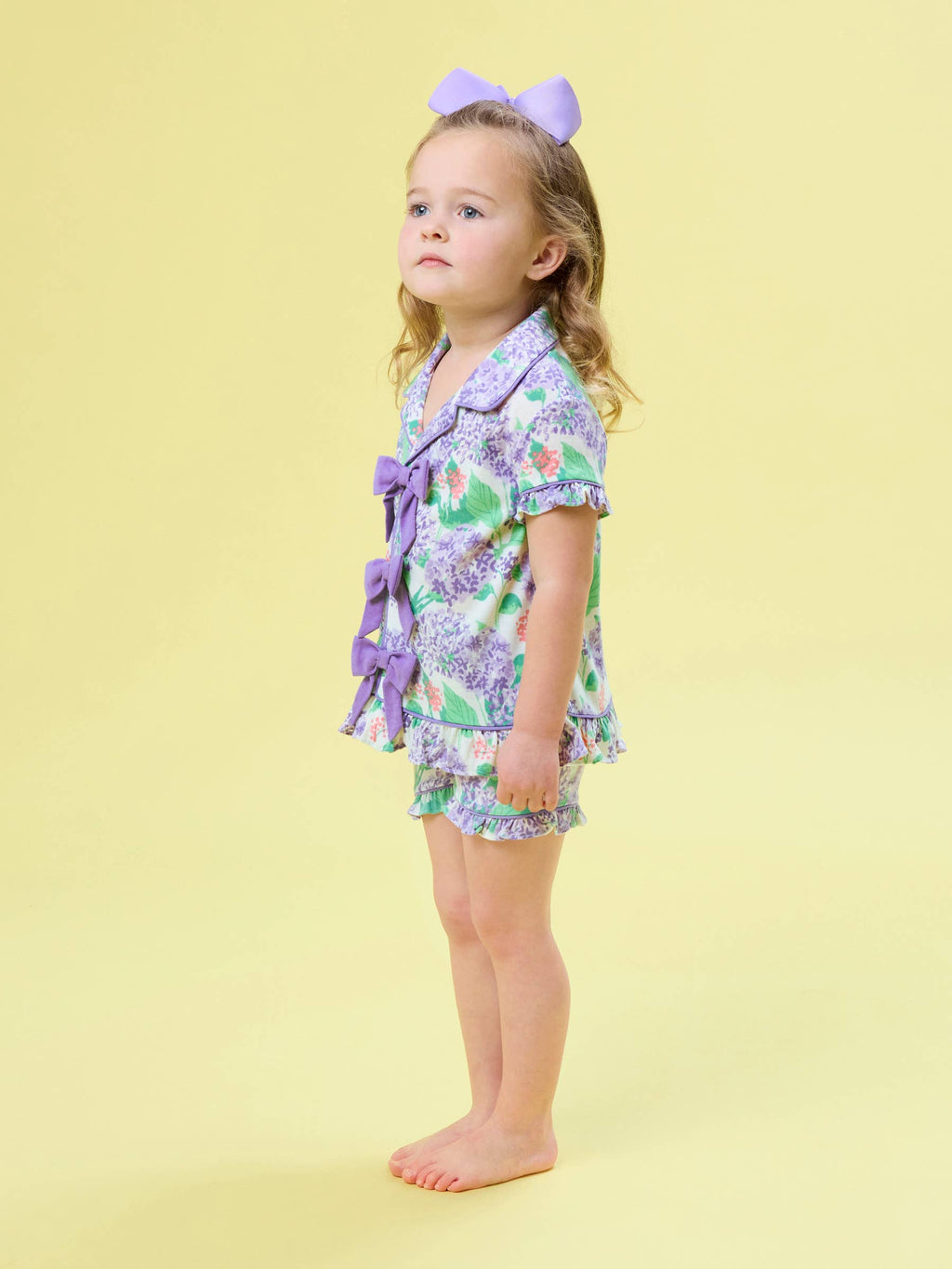 SoftSnooze™ Girls Purple Hydrangea Garden Short Sleeve Bow Ruffle Pajama Set