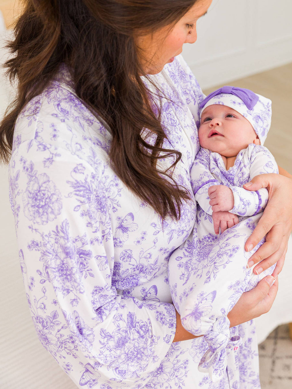 SoftSnooze™ Women's Bamboo Viscose Wisteria Purple Butterfly Garden Toile Mommy & Me Maternity Robe