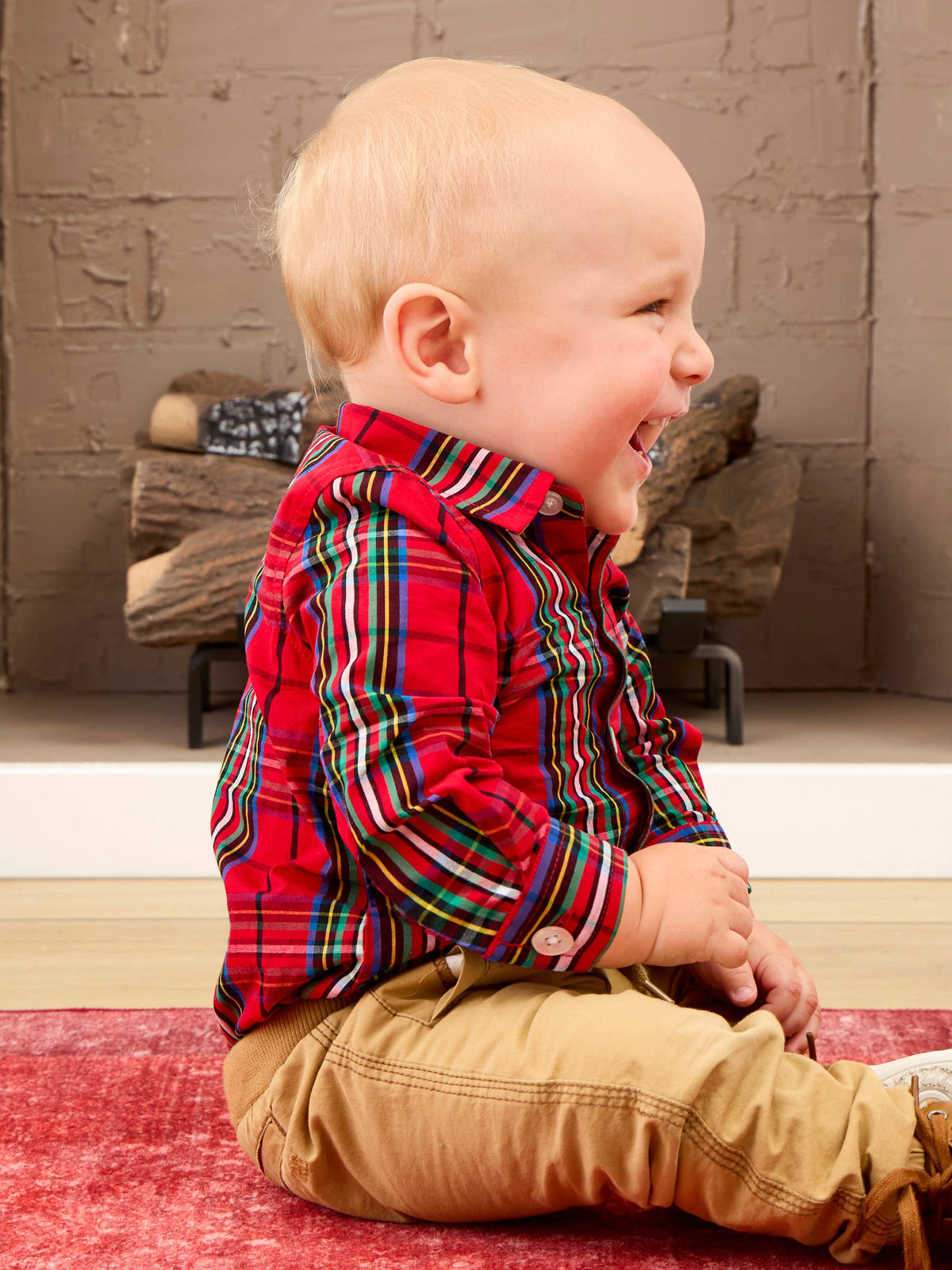 Baby Boys Red Nicholas Plaid Long Sleeve Button Down Bodysuit