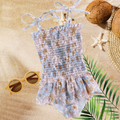 Girl  Swimsuits - Blue & Tan Floral - 1Pc