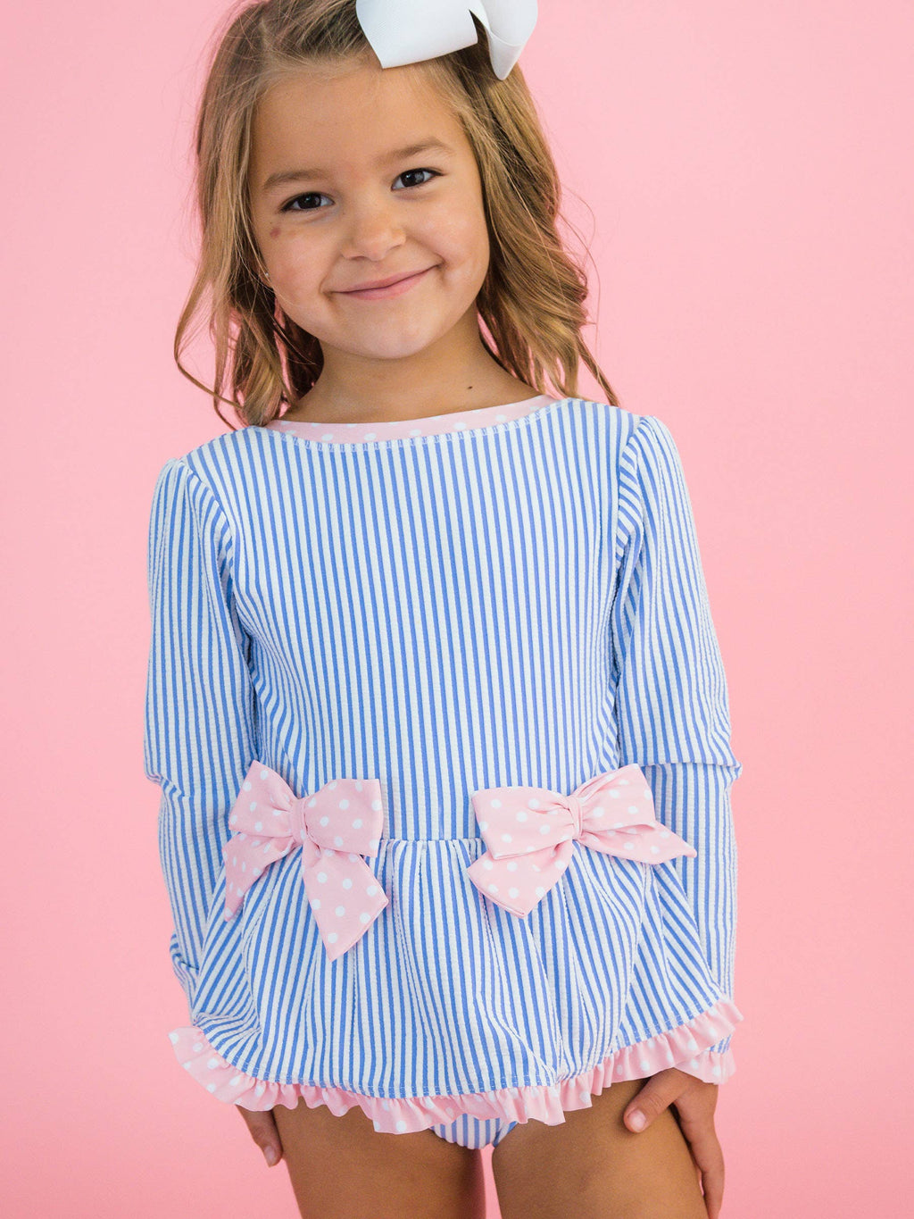 Girls Periwinkle Blue Seersucker Long Sleeve One Piece Bow Peplum Rash Guard Swimsuit