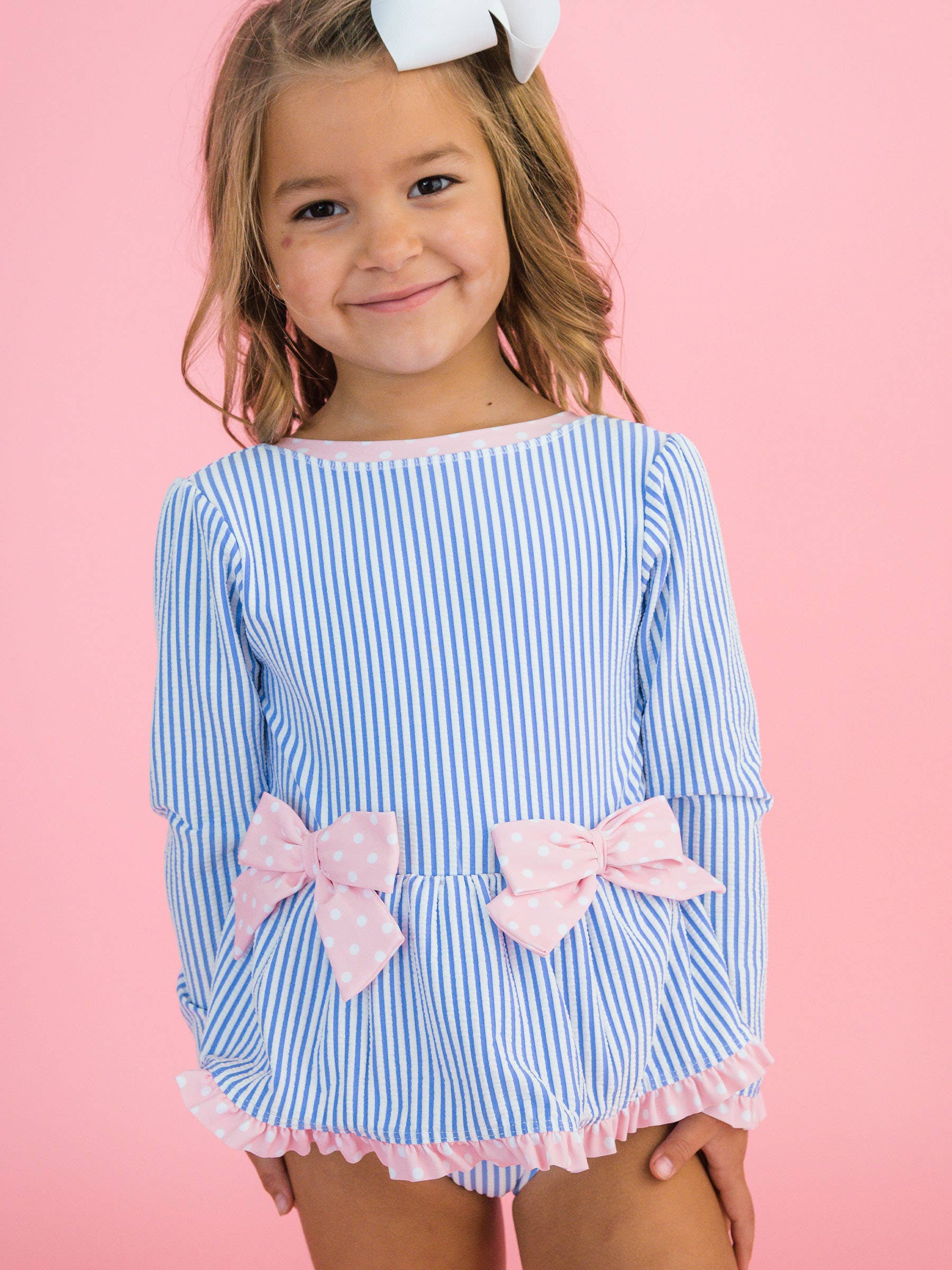 Girls Periwinkle Blue Seersucker Long Sleeve One Piece Bow Peplum Rash Guard Swimsuit