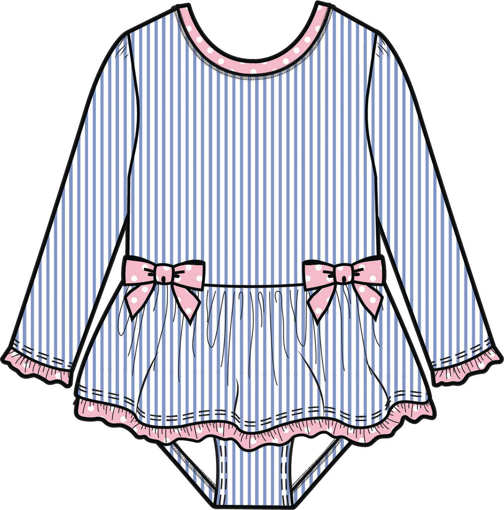 Girls Periwinkle Blue Seersucker Long Sleeve One Piece Bow Peplum Rash Guard Swimsuit