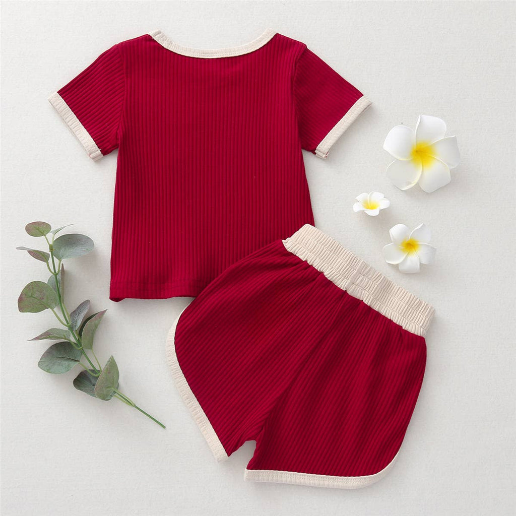 Contrast Binding Top & Shorts 2pcs Little Kid Outfit