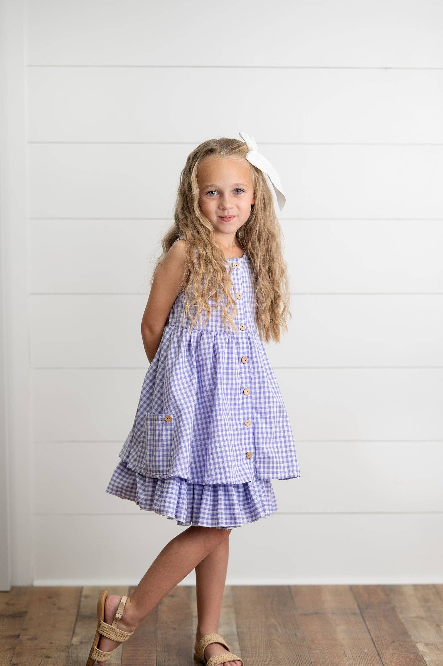 Girls Lavender & White Gingham Check Pocket Summer Dress
