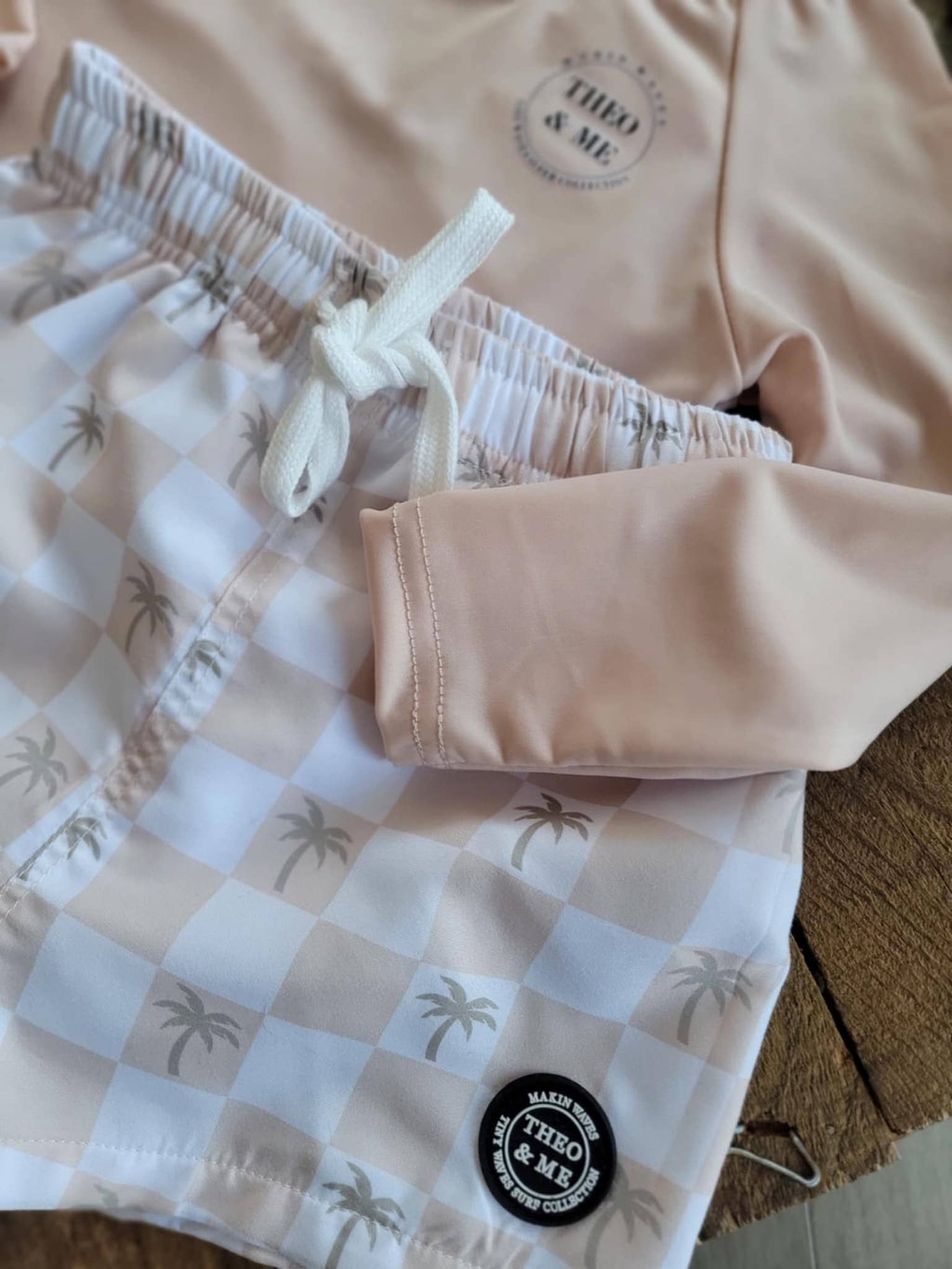 Boys Swim Trunks Swimsuit - Tan Check Palm Trees