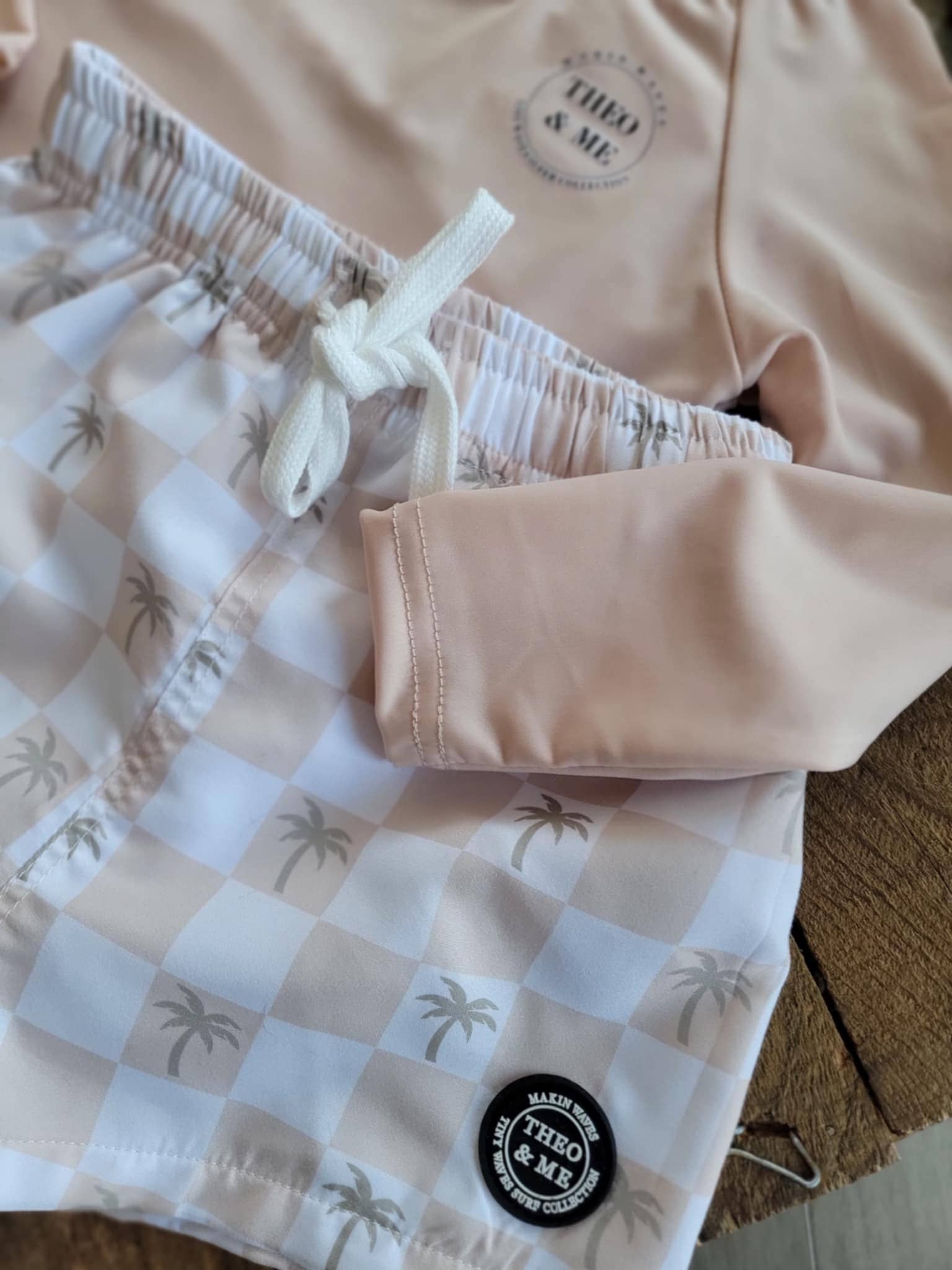 Boys Swim Trunks Swimsuit - Tan Check Palm Trees
