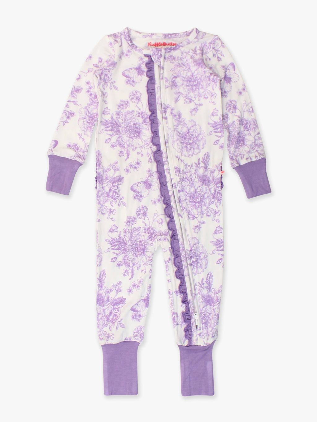 SoftSnooze™ Baby Girls Bamboo Viscose Wisteria Purple Butterfly Garden Toile Convertible Ruffle One Piece Footie Pajama