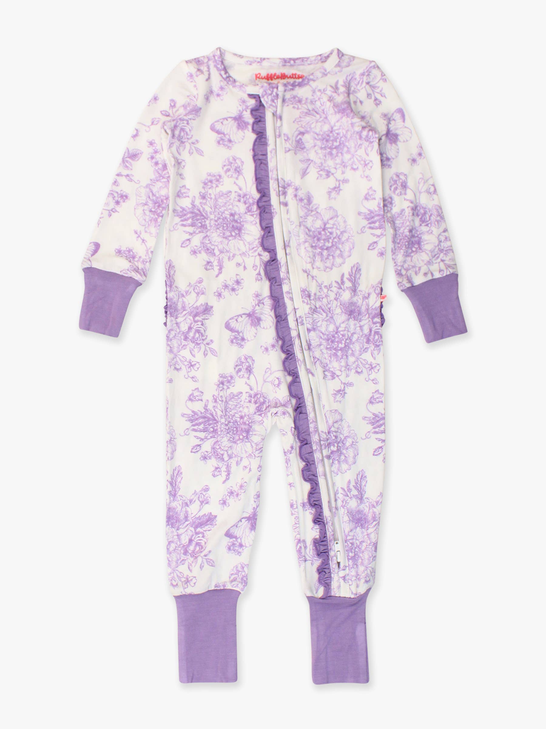 SoftSnooze™ Baby Girls Bamboo Viscose Wisteria Purple Butterfly Garden Toile Convertible Ruffle One Piece Footie Pajama