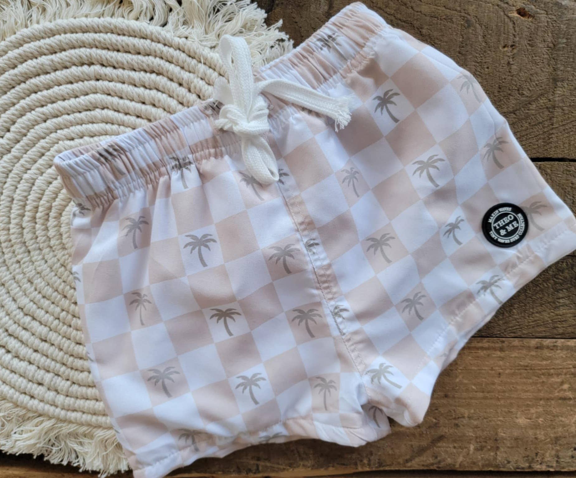 Boys Swim Trunks Swimsuit - Tan Check Palm Trees