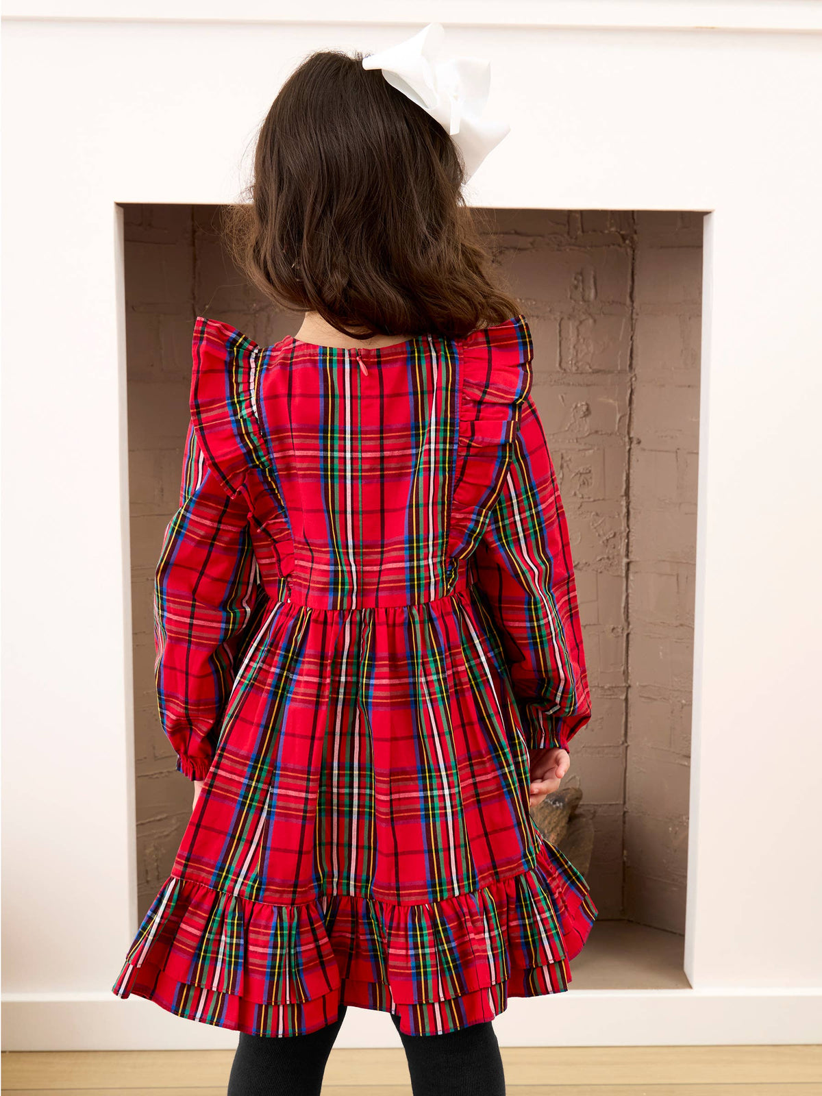 Girls Red Nicholas Plaid Woven Long Sleeve Waterfall Bow Dress