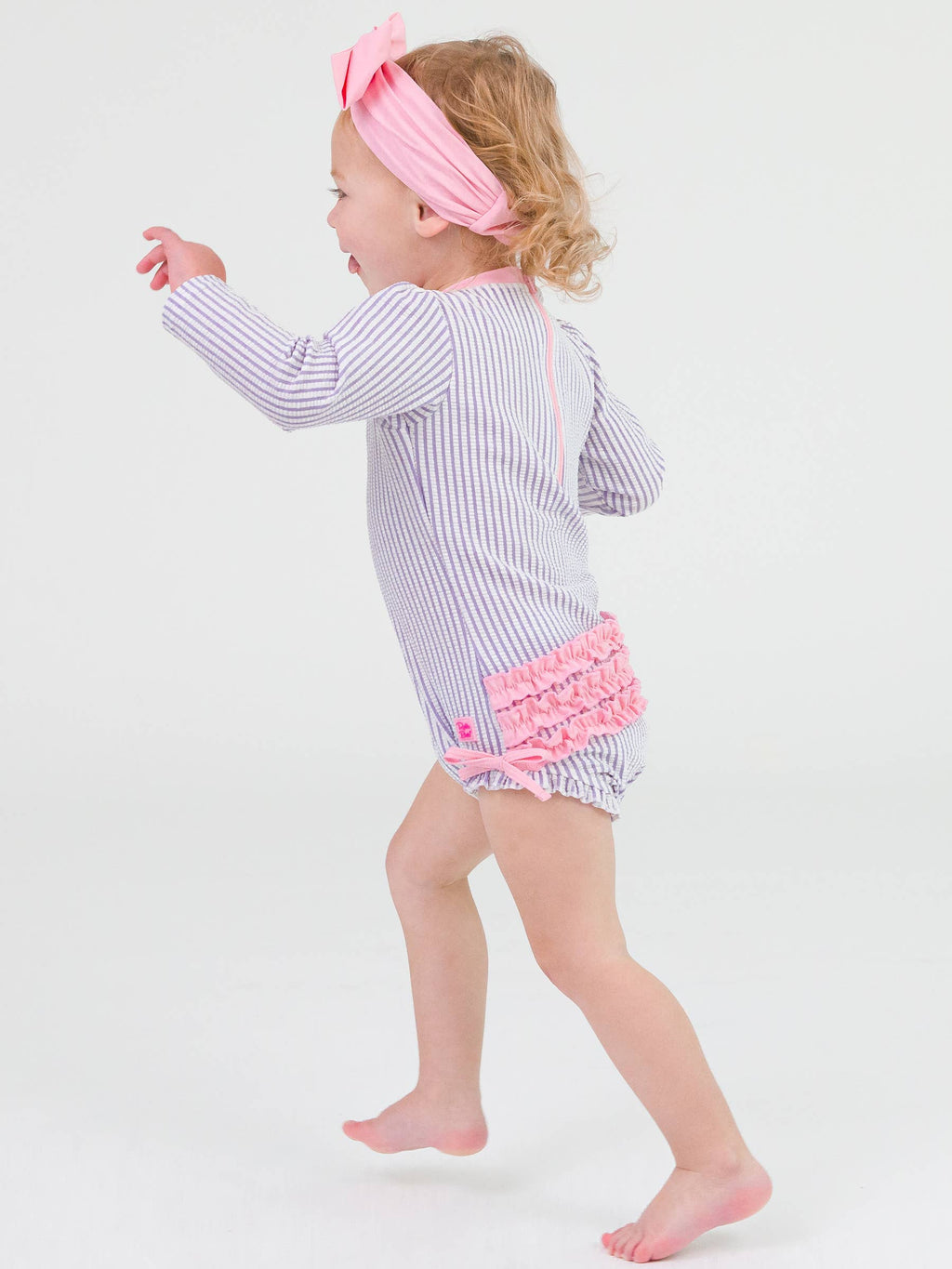 Baby Girls Lavender Seersucker Long Sleeve One Piece Rash Guard Swimsuit with Signature Rear Ruffles