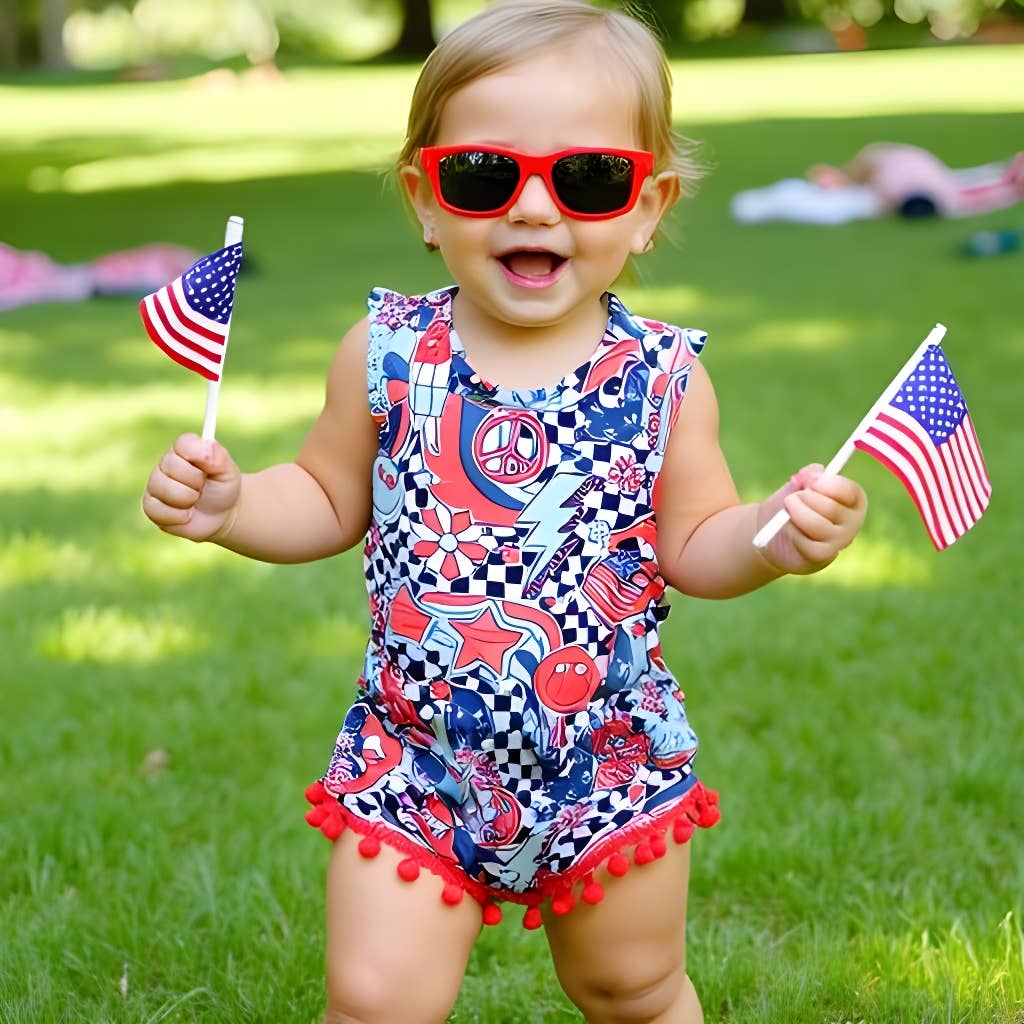 Baby Girls July 4th Groovy Pom Romper