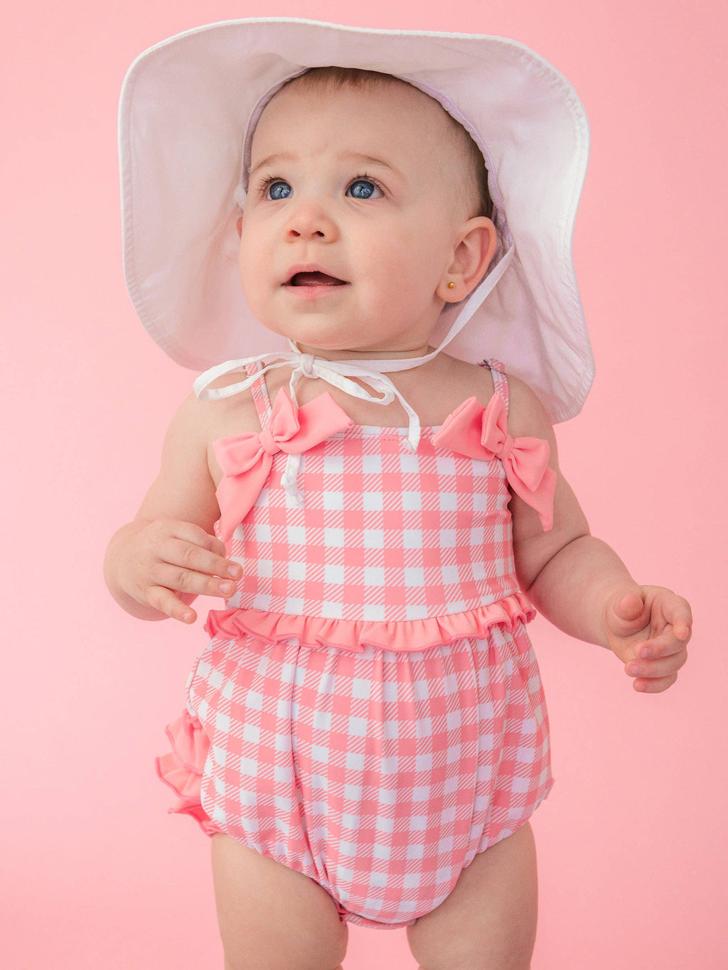 Baby Girls Bubblegum Gingham One Piece Bow Bubble Romper Swimsuit with Signature Rear Ruffles