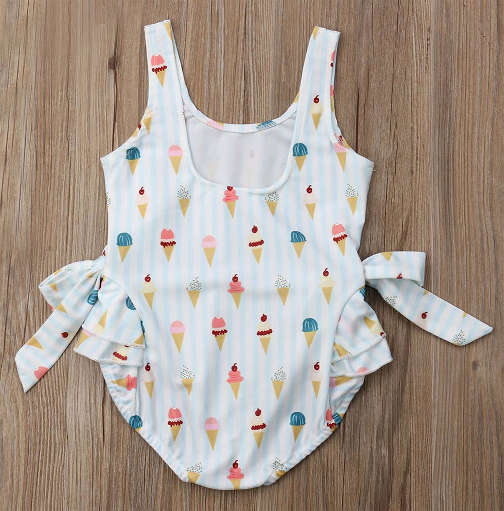 Ice Cream Bowknot Ruffled Light Blue 1pcs Girl Swimsuit