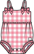 Baby Girls Bubblegum Gingham One Piece Bow Bubble Romper Swimsuit with Signature Rear Ruffles